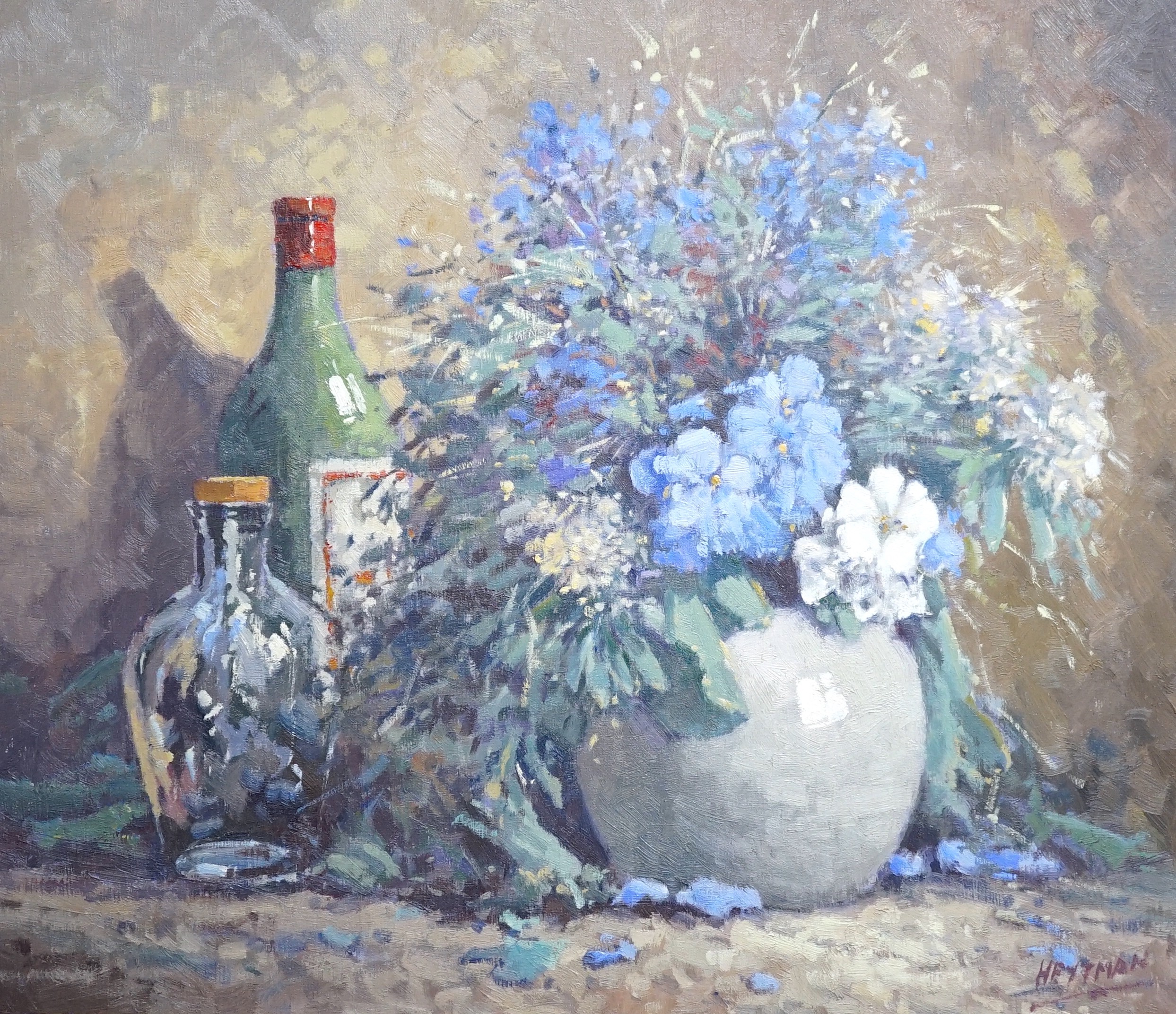 Huytman, oil on canvas, Still life of bottles and flowers in a vase, signed, 59 x 69cm